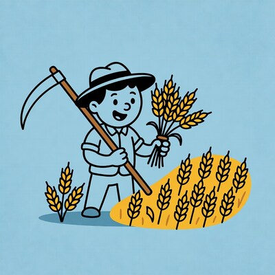 Farmer holding wheat and scythe