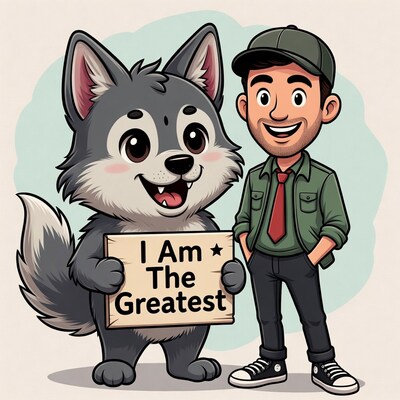 Cartoon man and wolf holding sign