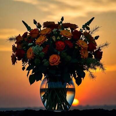 Colorful flower bouquet at sunset