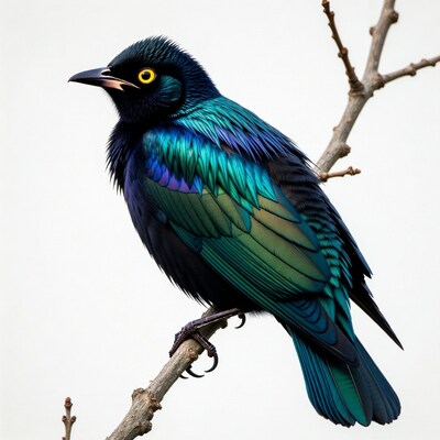 Iridescent bird on branch