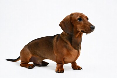 Dachshund standing on white background
