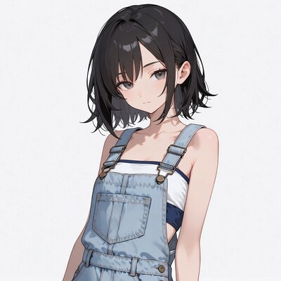 Anime girl in denim overalls