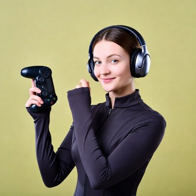 Woman with headphones holding game controller
