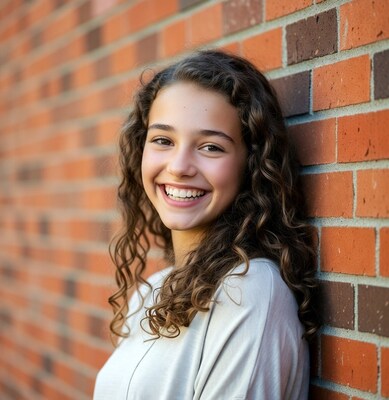 Smiling young woman by brick wall