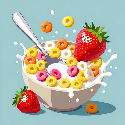 Bowl of colorful cereal with strawberries