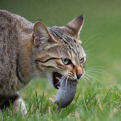 Cat catching mouse in grass