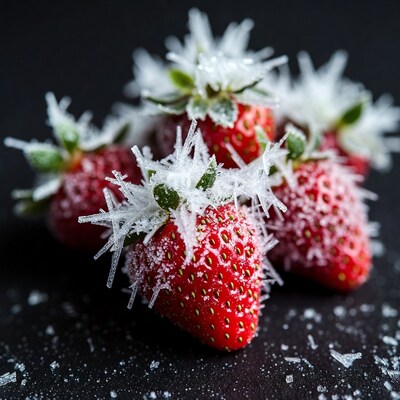 Frozen strawberries with ice crystals