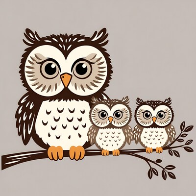 Owl Family on Branch