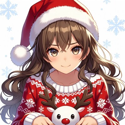 Girl in Santa Hat Holding Reindeer Toy