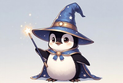 Penguin wizard with magic wand