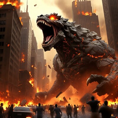 Giant monster destroying burning city