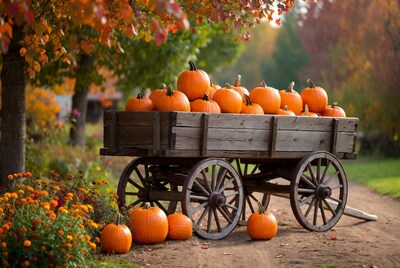 Wooden wagon full of pumpkins