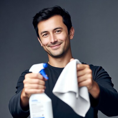 Man holding spray bottle and cloth