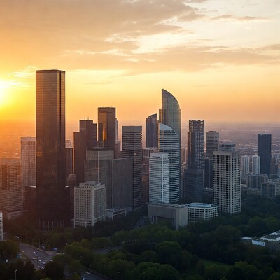 City skyline at sunset