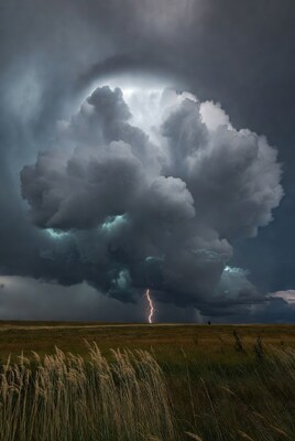 Lightning striking under storm cloud
