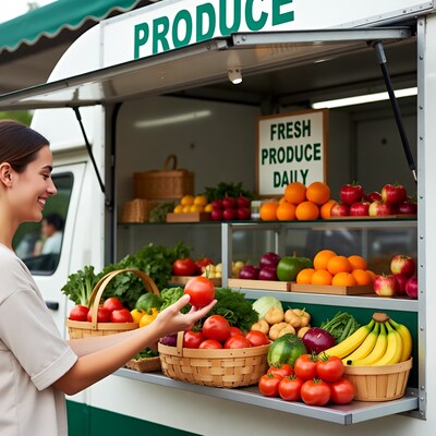 Woman holding tomato at produce stand