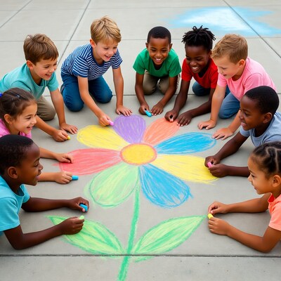 Children drawing colorful flower with chalk