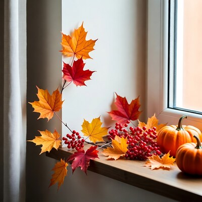 Autumn Leaves and Pumpkins on Windowsill