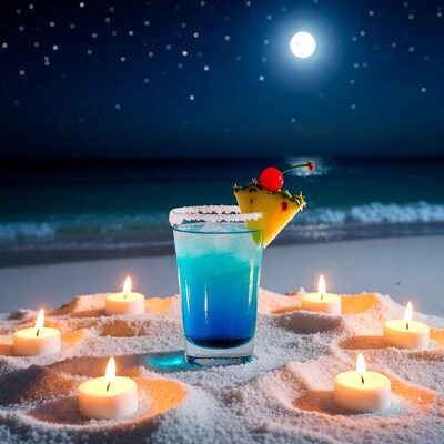 Blue cocktail on beach at night
