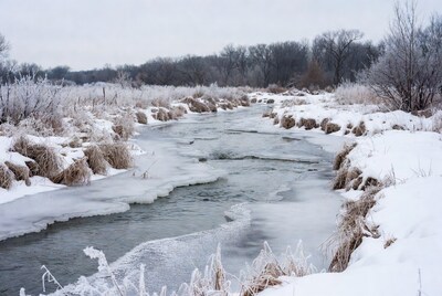 Frozen river in snowy landscape