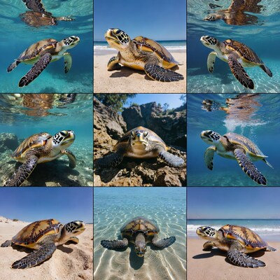Sea Turtles in Ocean and Beach