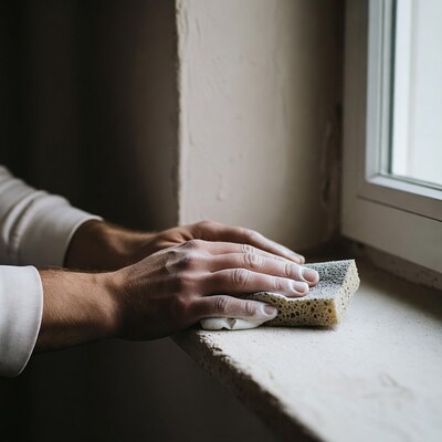 Hands cleaning windowsill with sponge