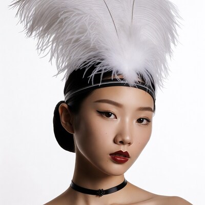 Asian woman with white feather headpiece