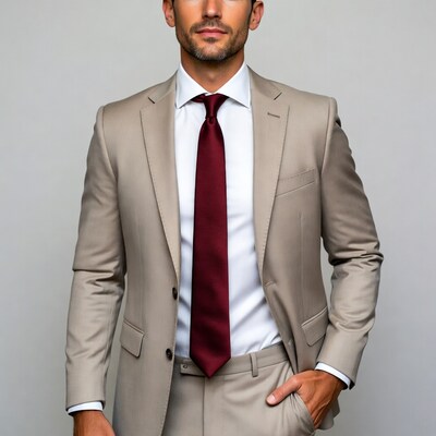 Man in beige suit with red tie