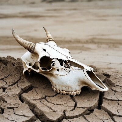 Animal skull on cracked dry ground