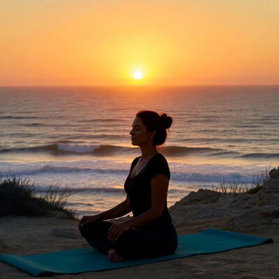 Woman meditating at sunset beach