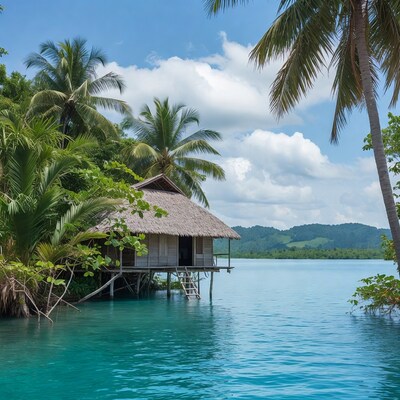 Overwater hut in tropical lagoon