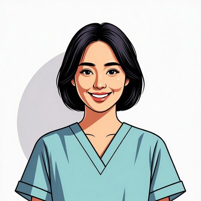 Smiling Asian woman in scrubs
