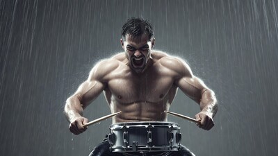 Muscular man playing drums in rain