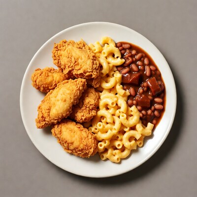Fried chicken with macaroni and beans