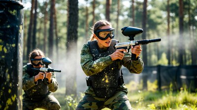 Women playing paintball in forest