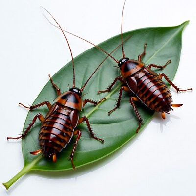 Two cockroaches on green leaf
