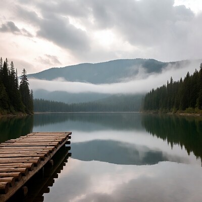 Wooden dock on misty mountain lake