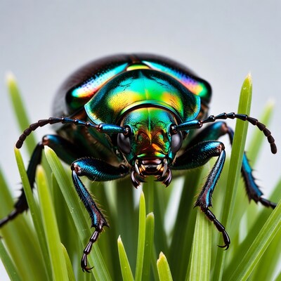 Iridescent beetle on green grass