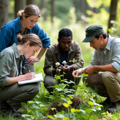 Students examining plants in forest