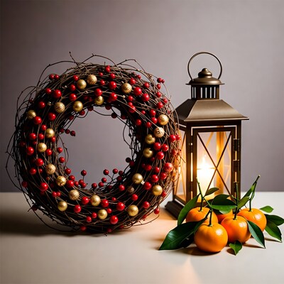 Christmas wreath with lantern and oranges