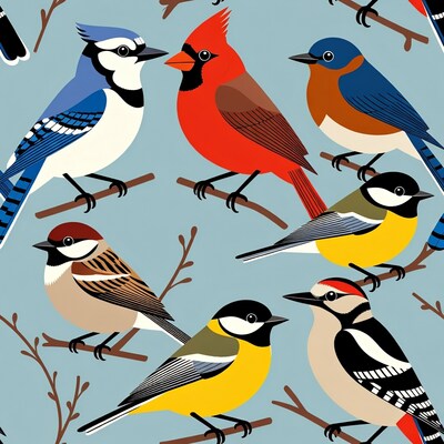 Colorful birds on branches