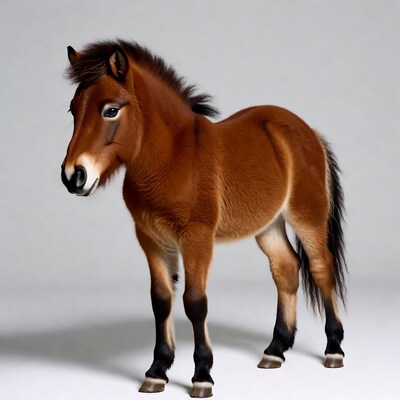 Brown pony standing on white background
