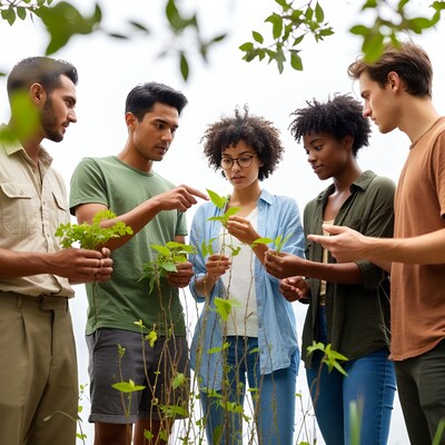 Group examining young plants outdoors