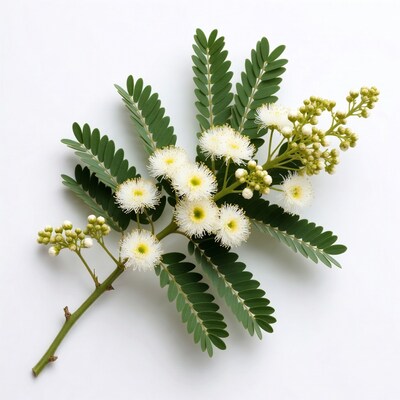 White Mimosa Flowers with Green Leaves