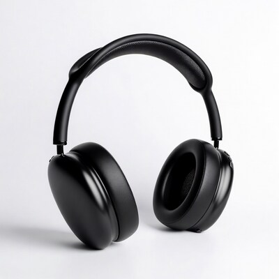 Black wireless headphones on white background