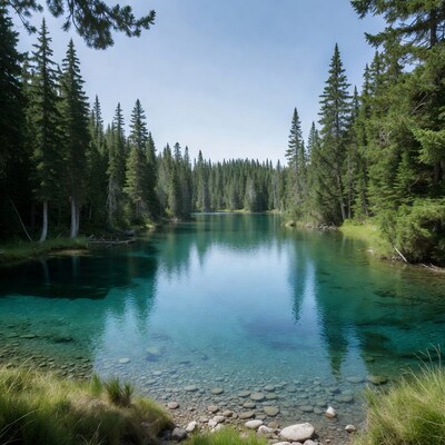 Turquoise Lake in Pine Forest