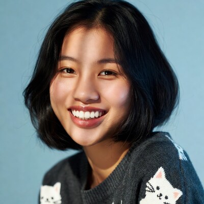 Asian woman smiling in cat sweater