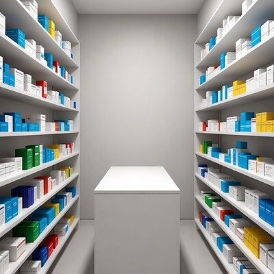 Pharmacy shelves with medicine boxes