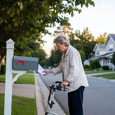 Elderly woman checking mailbox with walker