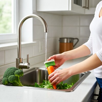 Woman washing carrot in kitchen sink